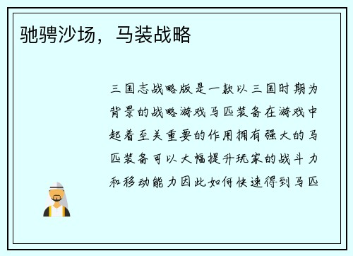 驰骋沙场，马装战略